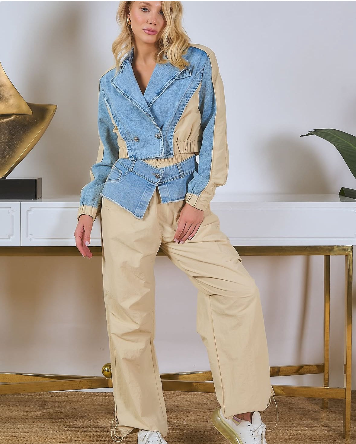PARACHUTE PANTS WITH DENIM WAIST DETAIL SET
