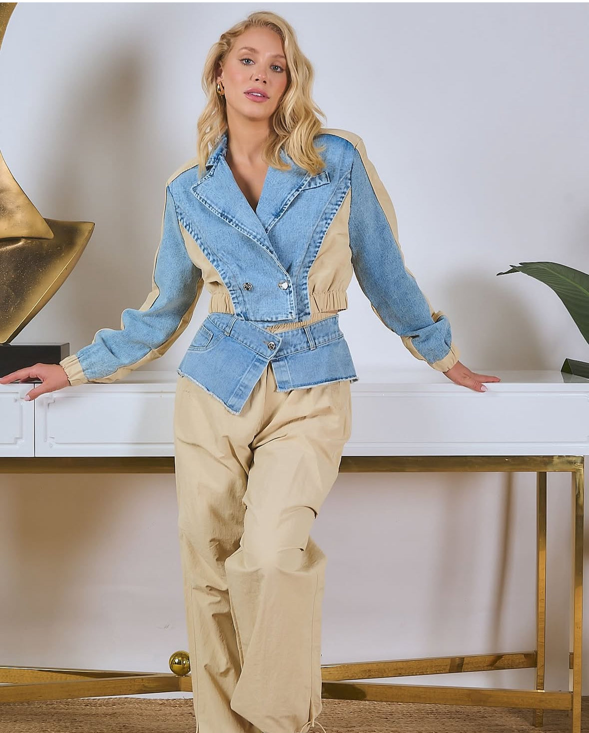 PARACHUTE PANTS WITH DENIM WAIST DETAIL SET